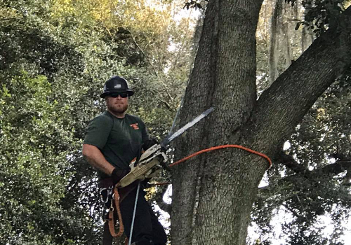 A man holding a saw and wearing safety gear.